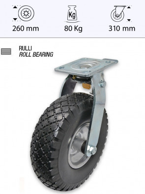 Roue pneumatique 260mmx85 (3.00-4) pivotante avec frein